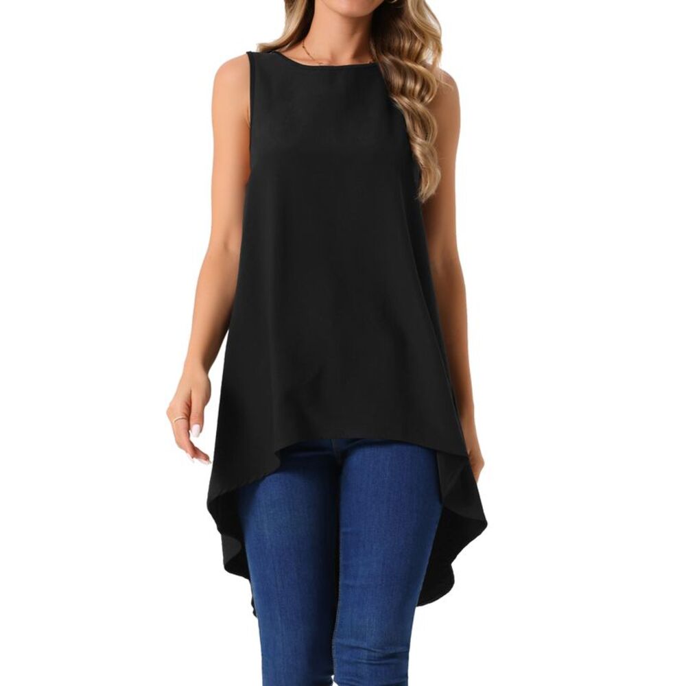 High Low Casual Crewneck Asymmetrical Loose Shirt Summer Top Black